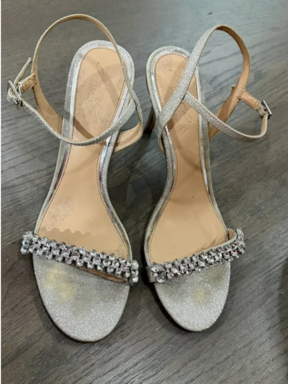 Jewel Badgley Mischka Silver Glitter Rhinestone Ankle Strap Heels Size 9